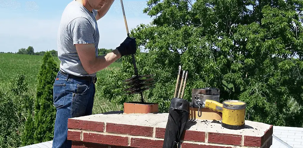 Chimney cleaning technician working on a rooftop chimney with professional tools in Bradenton, FL
