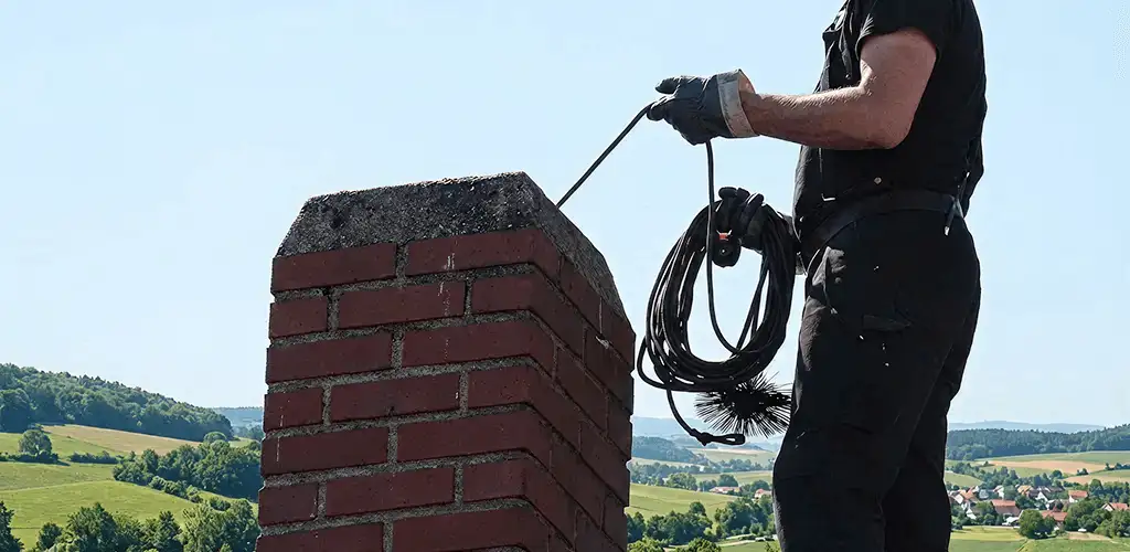 Chimney sweep inspecting and cleaning a rooftop chimney in Bradenton, FL