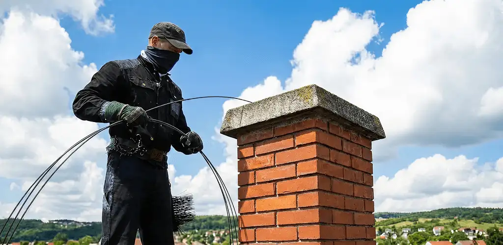 Chimney sweep cleaning a brick chimney with professional tools in Bradenton, FL