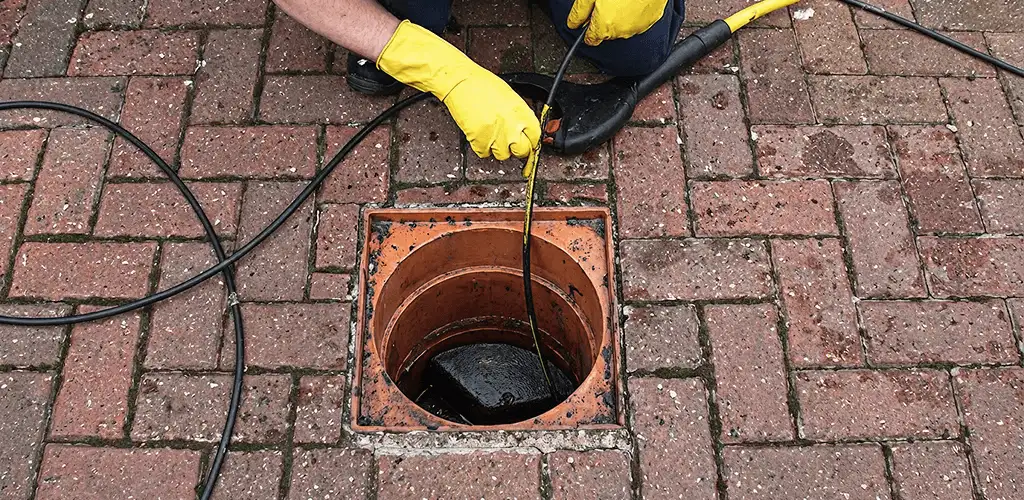 Drain cleaning technician using a drain snake to clear a clogged drain in Bradenton, FL