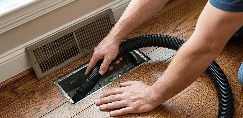 Air duct cleaning technician vacuuming a floor register and duct opening in Bradenton, FL
