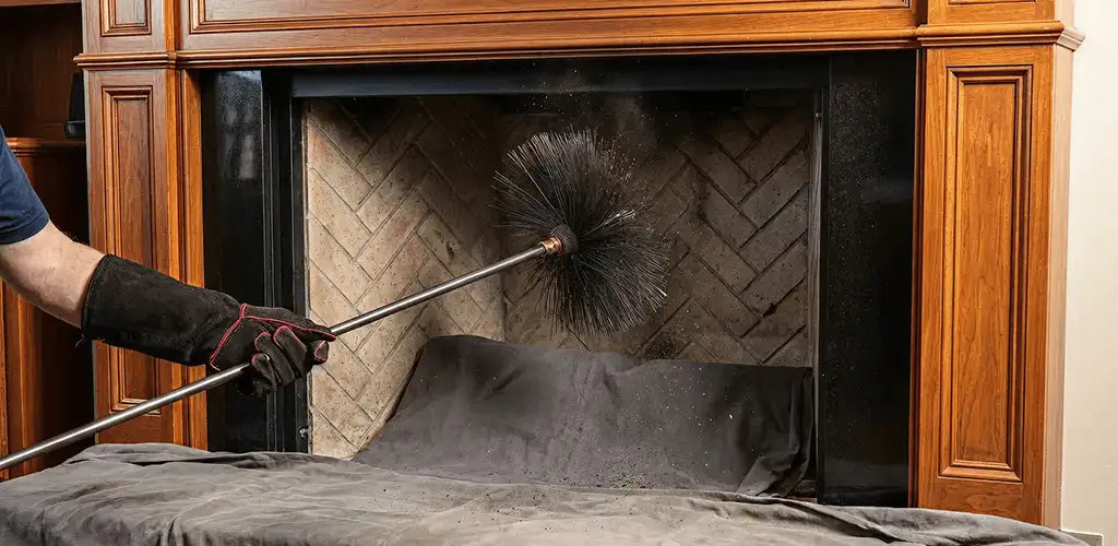 Chimney cleaning service brushing soot from a fireplace and flue in Bradenton, FL