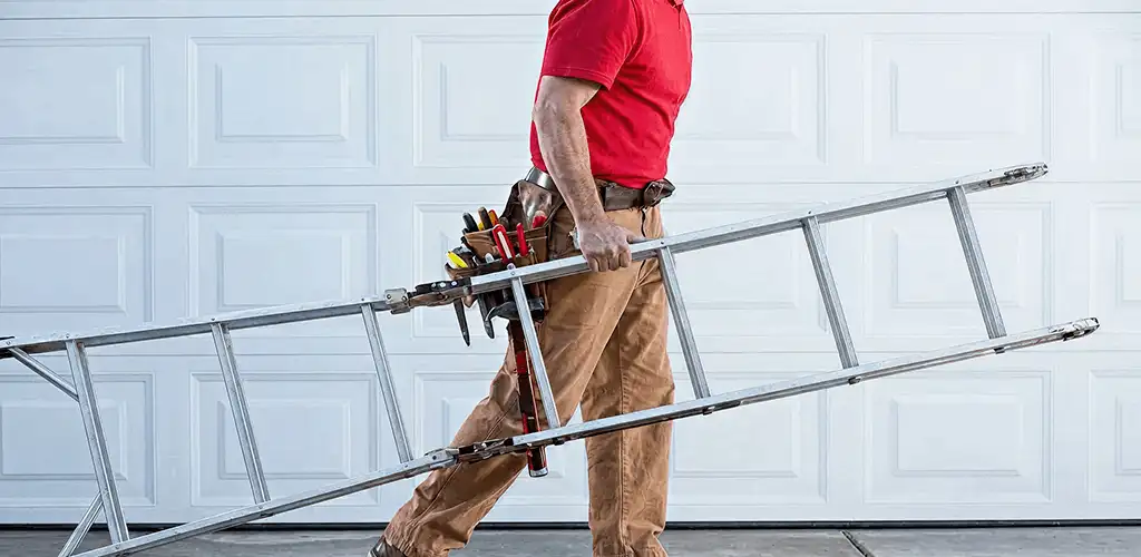 Garage door repair technician arriving with tools and ladder in Bradenton, FL