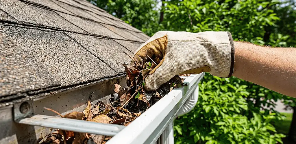 Gutter cleaning removing leaves and debris from roof gutters in Bradenton, FL