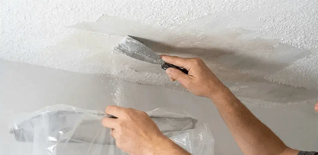 Popcorn ceiling removal technician scraping texture from a ceiling in Bradenton, FL