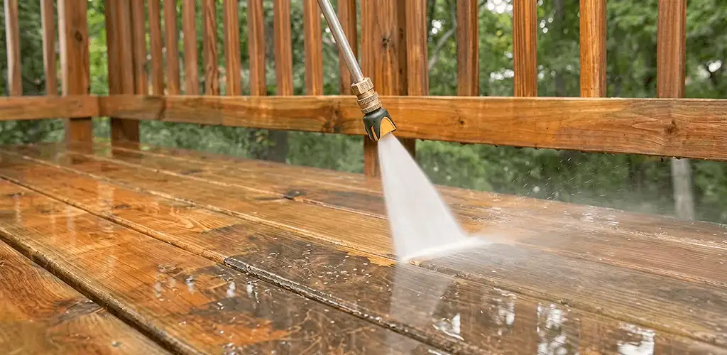 Pressure washing a wood deck to remove dirt and buildup in Bradenton, FL