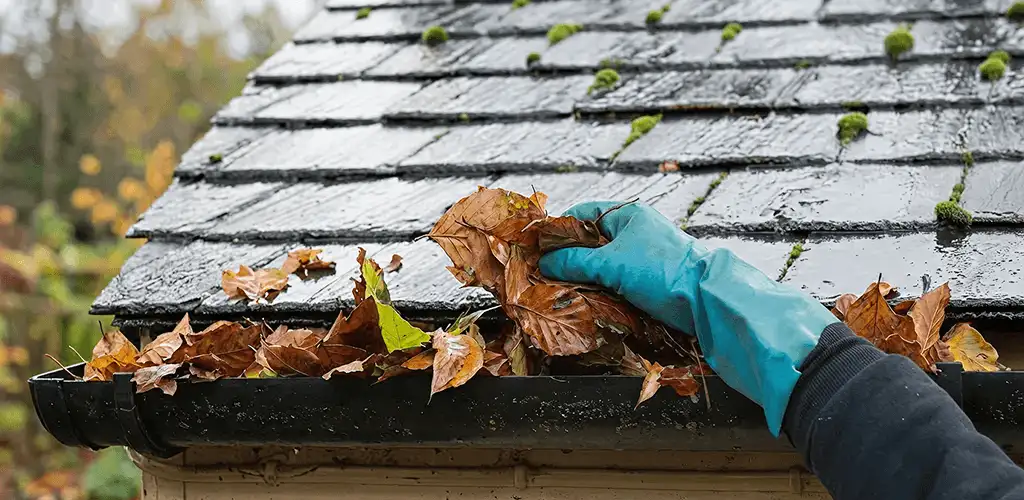 Gutter cleaning technician clearing wet leaves from roof gutters in Bradenton, FL