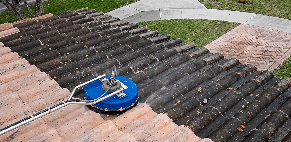 Roof pressure cleaning removing debris and buildup from roof tiles in Bradenton, FL