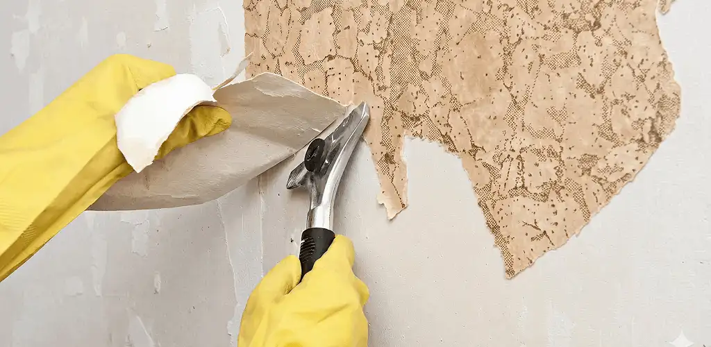 Wallpaper removal service stripping old wallpaper from a wall in Bradenton, FL