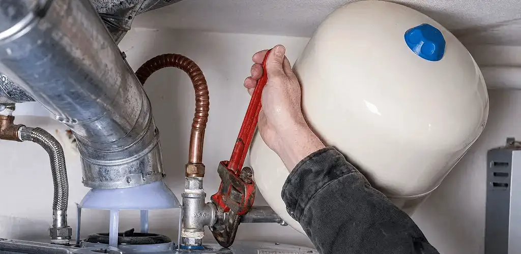 Water heater repair technician tightening plumbing connections near a tank unit in Bradenton, FL